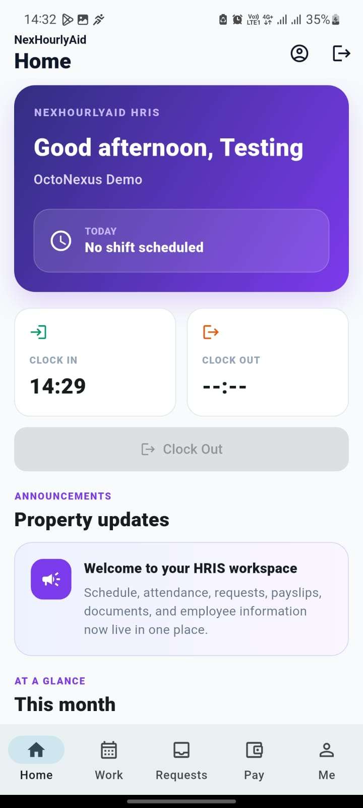 NexHourlyAid HRIS employee home screen