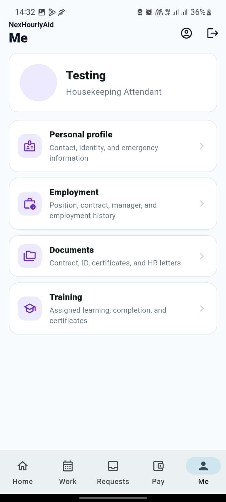 NexHourlyAid HRIS employee profile screen