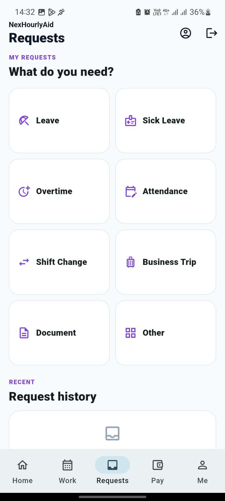 NexHourlyAid HRIS requests screen